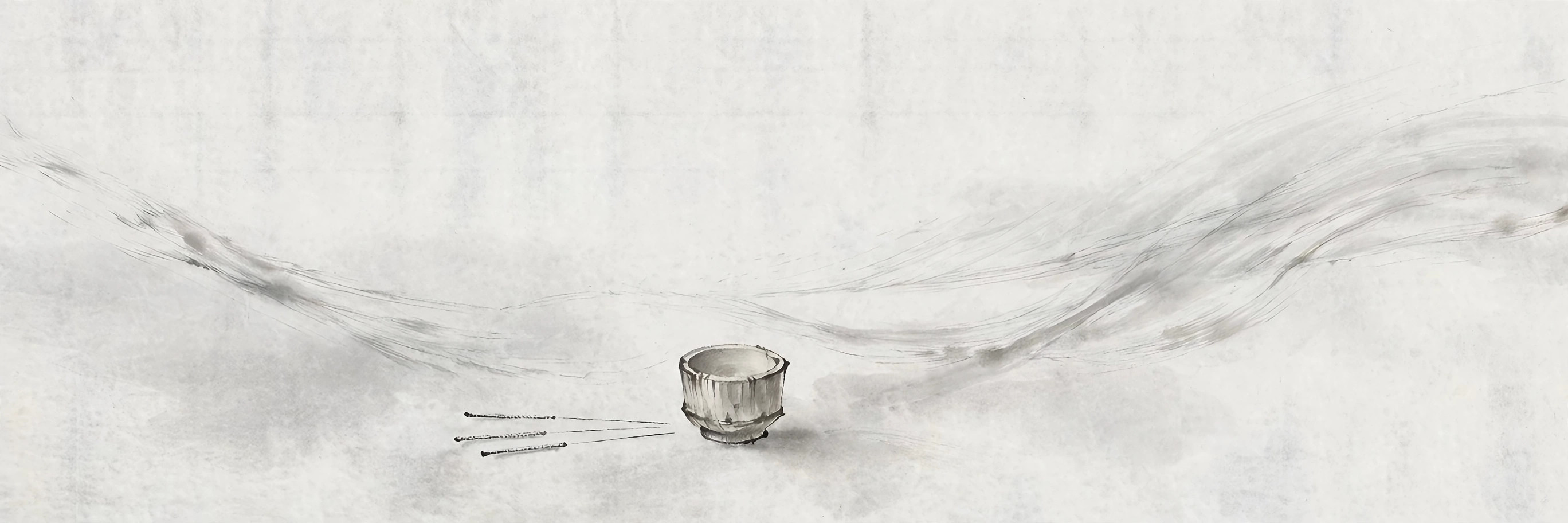 Ink-wash illustration of acupuncture needles and a cupping cup with wind-swept lines