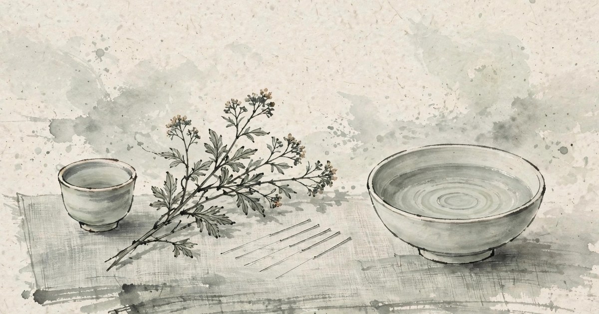 Ink-wash still life with acupuncture needles, dried mugwort and a ceramic cup on linen