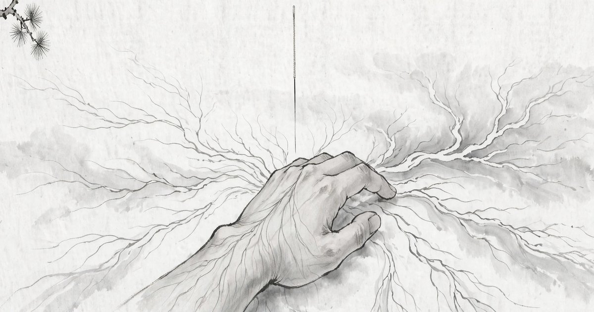 Ink-wash illustration of an acupuncture needle above a wrist with flowing meridian lines