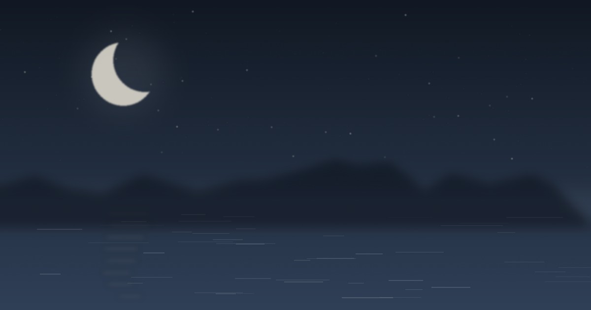 Hand-composed night scene: crescent moon and stars over still water with a moonlight reflection