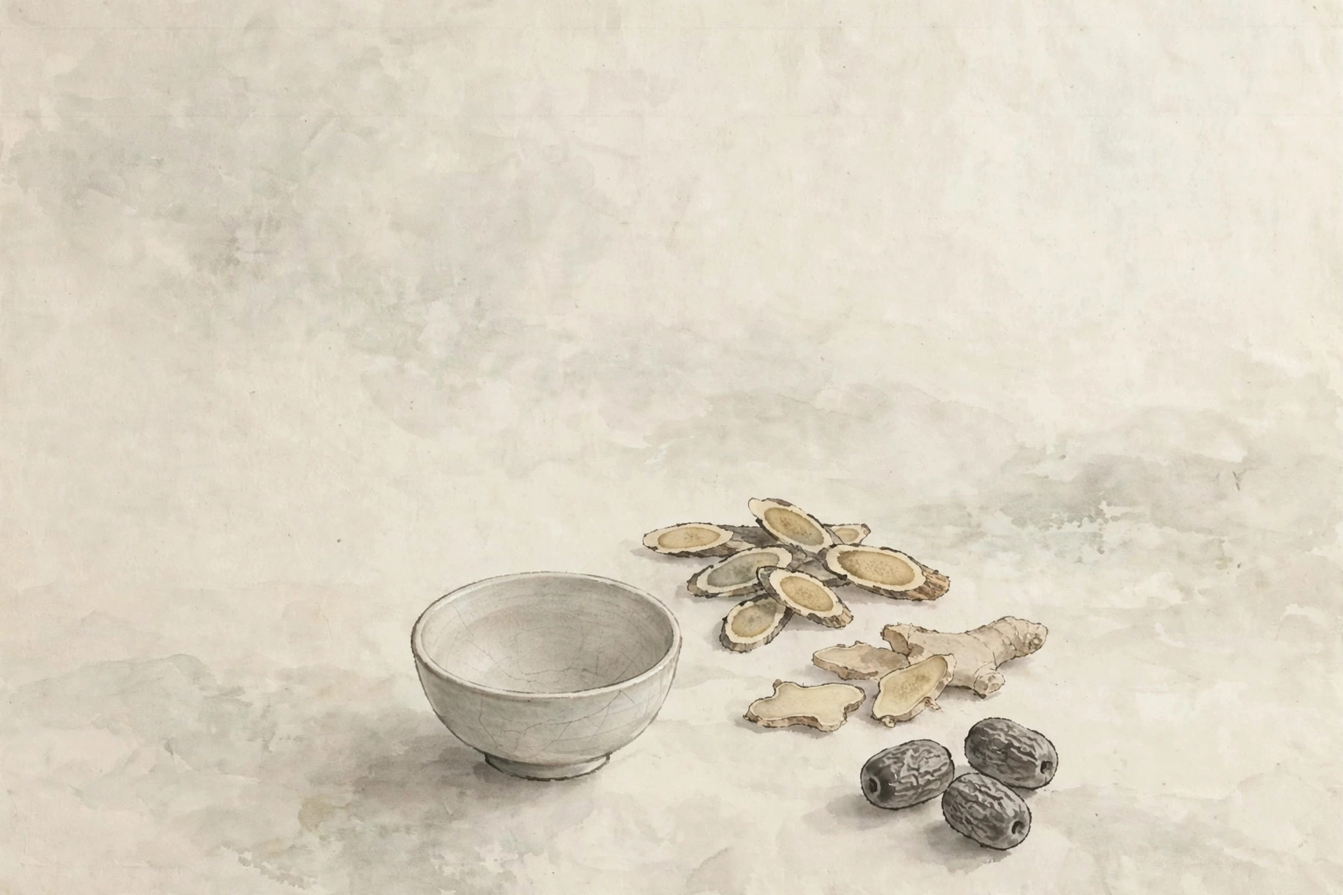 Ceramic bowl with dried herbal ingredients in muted ink-wash style