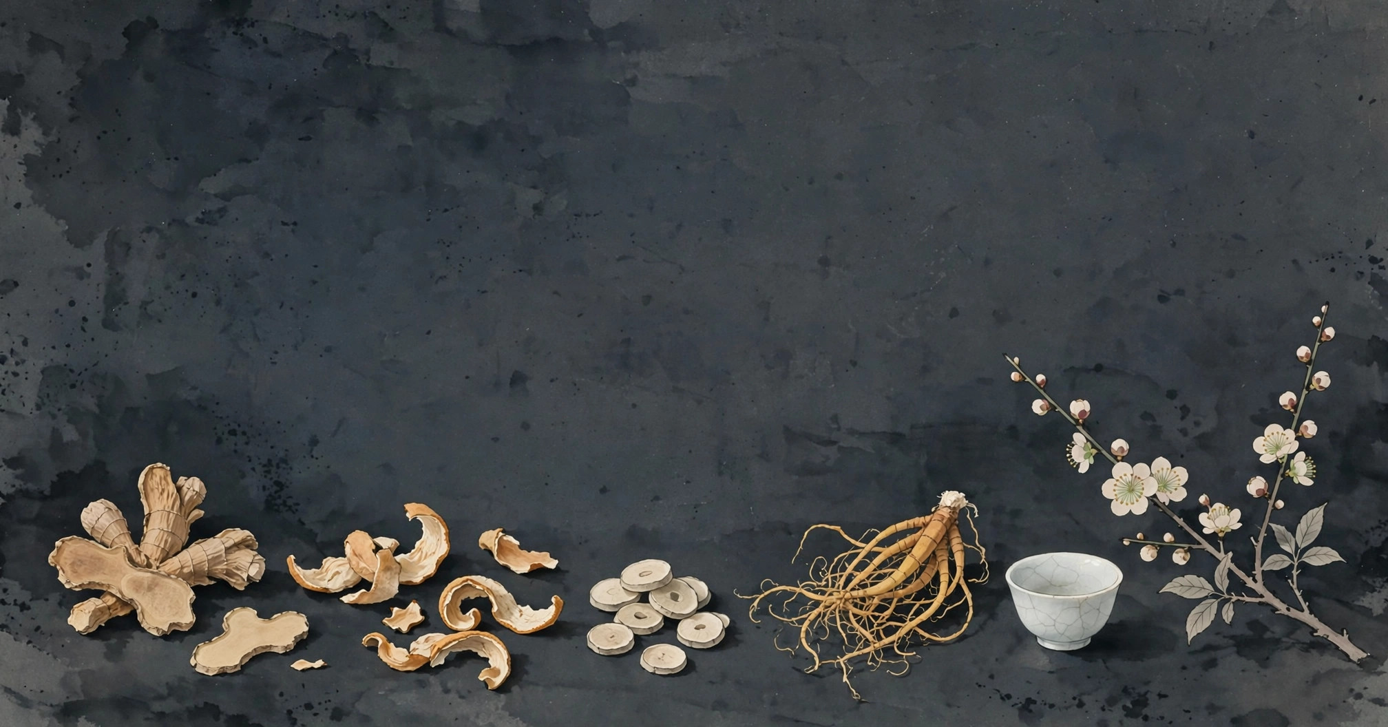 Ink-wash still life of dried Chinese medicinal herbs in a porcelain cup