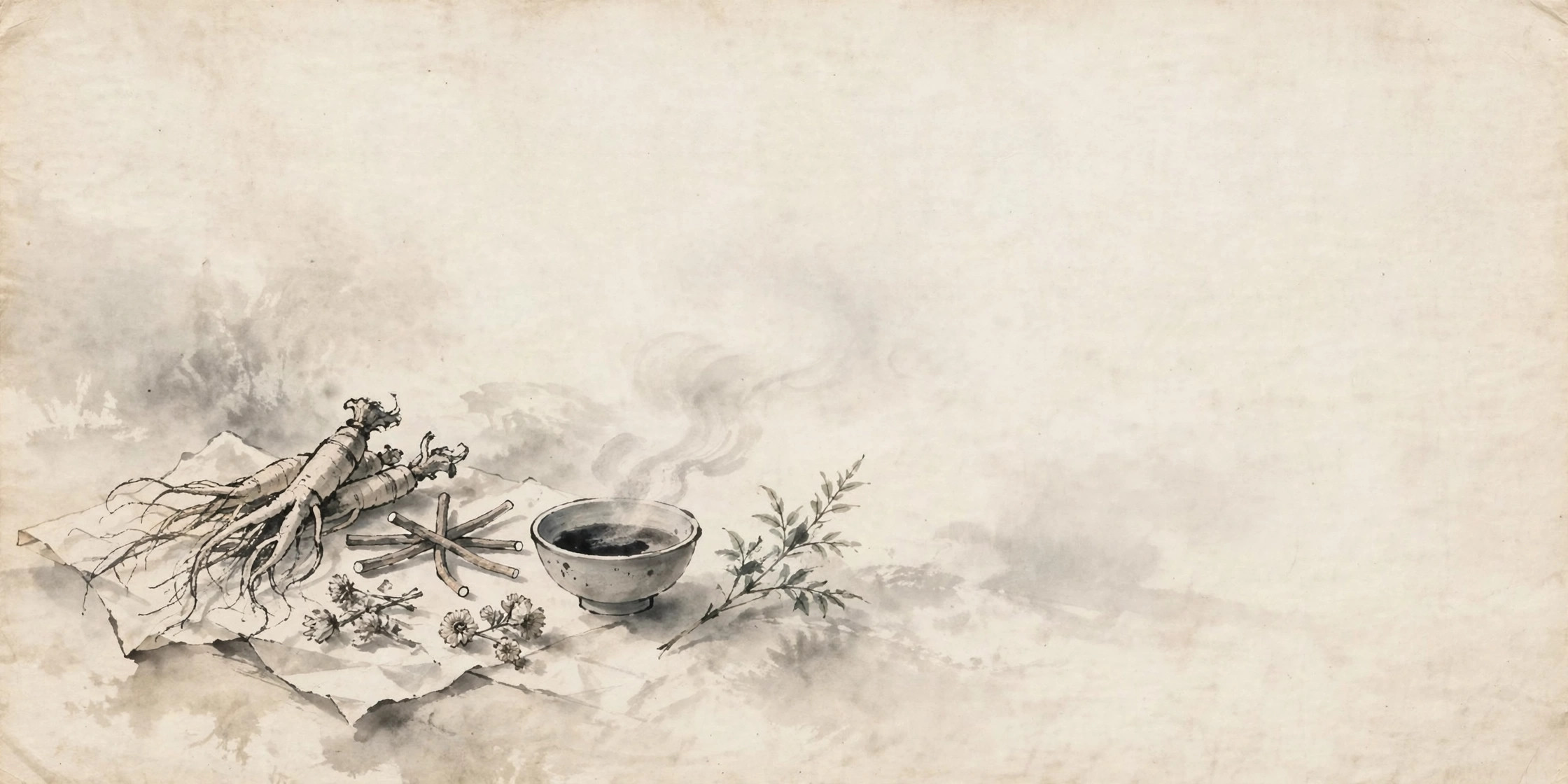 Ink-wash still life of dried Chinese medicinal herbs and a bowl of herbal decoction on rice paper
