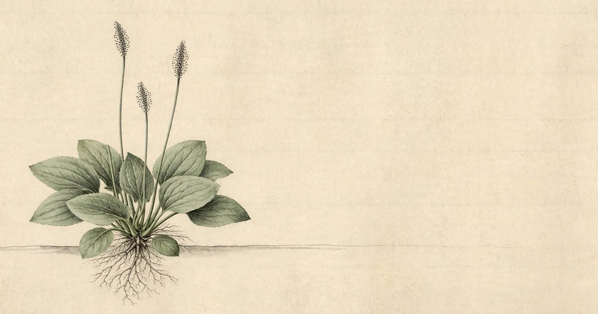 Ink-wash illustration of Asian plantain (Plantago asiatica) with visible roots