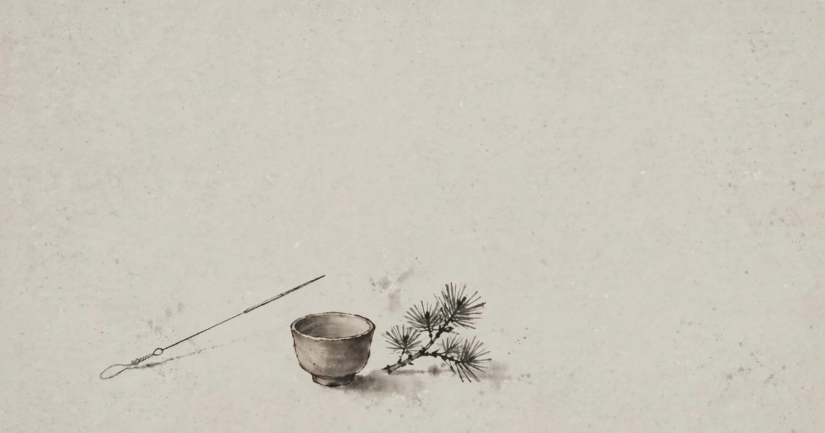 Ink-wash still life with a single acupuncture needle, ceramic cup, and pine sprig on pale paper