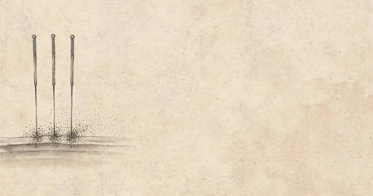 Ink-wash illustration of acupuncture needles with mast-cell-like ink dots on rice paper