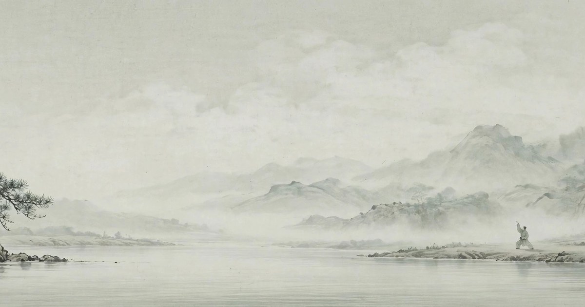 Tai chi practitioner by a misty riverside at dawn, ink-wash style