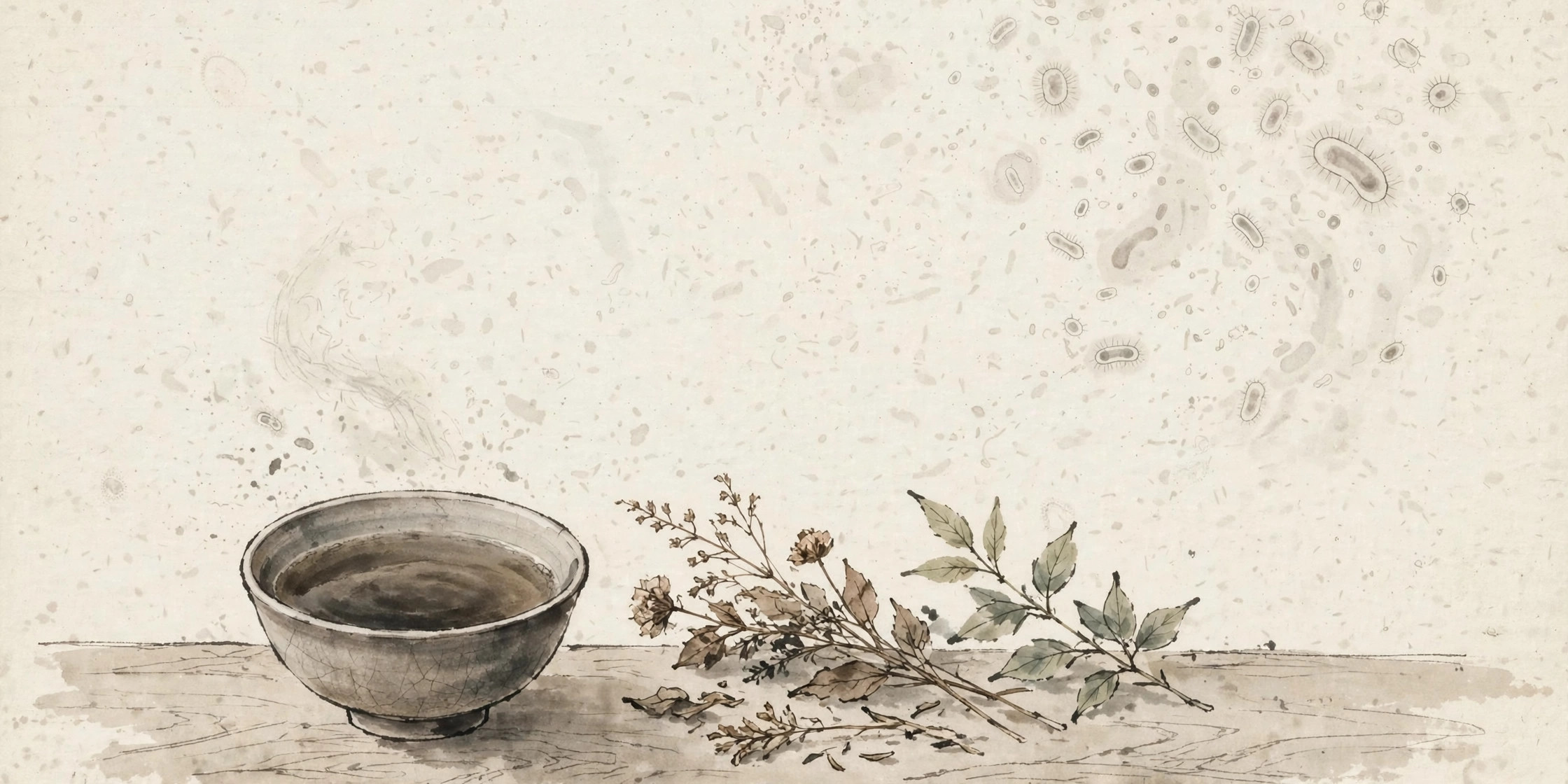 Chinese ink-wash style illustration of herbal tea, dried herbs and abstract gut microbe motifs