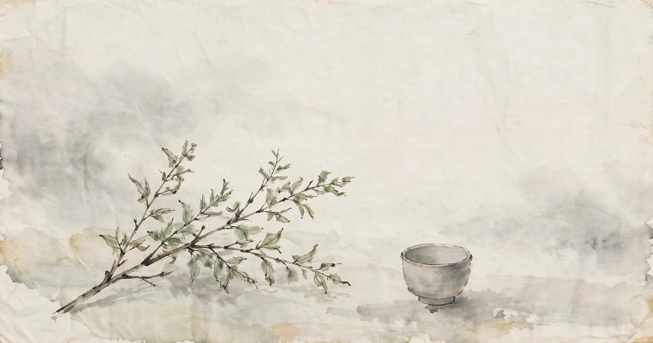 Ink-wash still life of medicinal herbs and a ceramic cup
