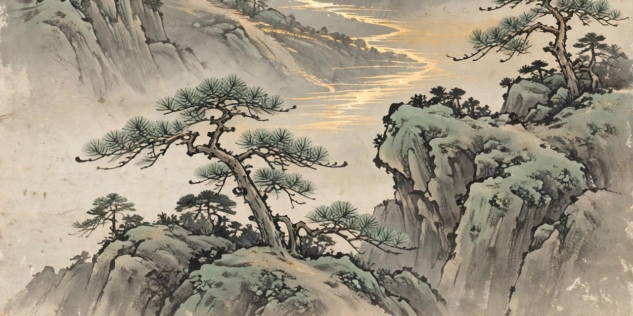 Ink-wash painting of pines, cliffs and a golden river